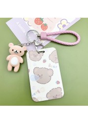 New Cute Cartoon Flocking Bear ID Credit Bank Card Holder Student Keychain Bus Card Case ID Badge Cover Women Men Pendants