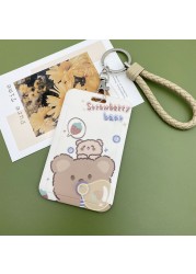 New Cute Cartoon Flocking Bear ID Credit Bank Card Holder Student Keychain Bus Card Case ID Badge Cover Women Men Pendants