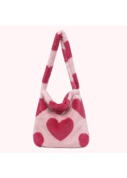 INS Women Flower Print Shoulder Bags Winter New Soft Plush Bucket Bags Female Open Pocket Crossbody Furry Fluffy Tote Bags