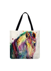 Reusable Linen Shopping Bags Casual Ladies Animal Horse Printed Pattern Tote Square Large Capacity Storage Bag