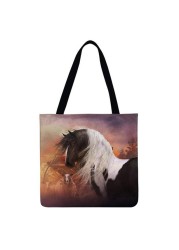 Reusable Linen Shopping Bags Casual Ladies Animal Horse Printed Pattern Tote Square Large Capacity Storage Bag