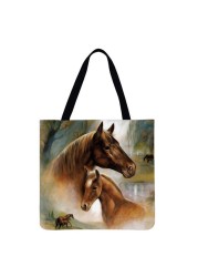 Reusable Linen Shopping Bags Casual Ladies Animal Horse Printed Pattern Tote Square Large Capacity Storage Bag