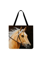 Reusable Linen Shopping Bags Casual Ladies Animal Horse Printed Pattern Tote Square Large Capacity Storage Bag