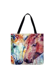 Reusable Linen Shopping Bags Casual Ladies Animal Horse Printed Pattern Tote Square Large Capacity Storage Bag