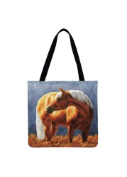 Reusable Linen Shopping Bags Casual Ladies Animal Horse Printed Pattern Tote Square Large Capacity Storage Bag