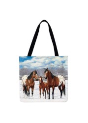 Reusable Linen Shopping Bags Casual Ladies Animal Horse Printed Pattern Tote Square Large Capacity Storage Bag