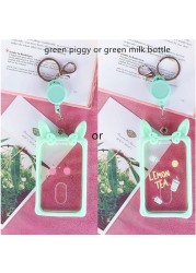 Cute Ear Card Holder Retractable Piggy Milk Bottle Student Card Holder Bus Pass Cover Keychain Card Badge Storage Bag