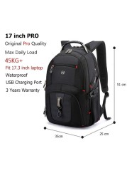 Crossten 17 Inch Durable Laptop Backpack 45L Travel Bag College Book Bag USB Charging Port Water Resistant Swiss-Multifunction