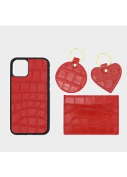 Customized Name Card Holder Leather Heart Keychain Embossed Crocodile Leather Phone Case for iPhone 11,12 Pro Max Gift Box Set