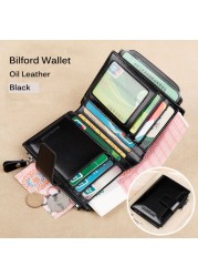 Men's Genuine Leather RFID Blocking Trifold Wallet Short Vintage Multifunctional Credit Card Holder Coin Zipper Pocket Money Bags