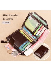 Men's Genuine Leather RFID Blocking Trifold Wallet Short Vintage Multifunctional Credit Card Holder Coin Zipper Pocket Money Bags