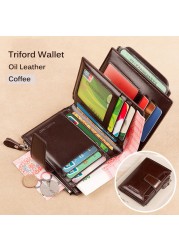 Men's Genuine Leather RFID Blocking Trifold Wallet Short Vintage Multifunctional Credit Card Holder Coin Zipper Pocket Money Bags