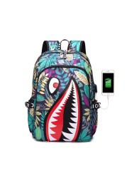 Fashion trend lightweight shark boy student backpack computer USB charging simple printing personality junior high school bag