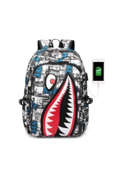 Fashion trend lightweight shark boy student backpack computer USB charging simple printing personality junior high school bag