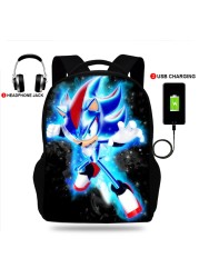 17 Inch Sonici The Hedgehog School Backpack Bag 3D Print Usb Free Bookbag Student Backpacks For Teenage Boys Girls