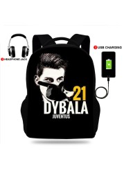 Oxford Paulo Dybala School Backpack, School Backpack with USB Cable and Shoulder Bag for Teenagers Girls Boys