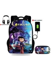 حقيبة ظهر للمراهقين ، طباعة Coraline ، حقيبة مدرسية ، شحن USB ، للمدرسة