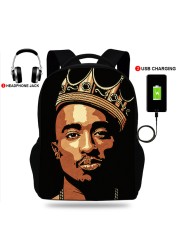 USB Port Book Bag Student School Bag For Boys Girls Travel Rapper Tupac Backpack