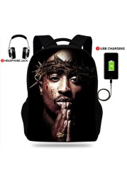 USB Port Book Bag Student School Bag For Boys Girls Travel Rapper Tupac Backpack