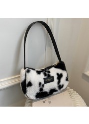 Women Soft Plush Shoulder Bags Cow Print Bags 2021 Winter Quilted Plaid Small Handbag Female Warm Faux Fur Fluffy Tote Bags