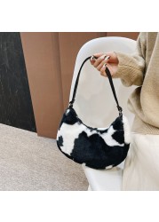 Women Soft Plush Shoulder Bags Cow Print Bags 2021 Winter Quilted Plaid Small Handbag Female Warm Faux Fur Fluffy Tote Bags