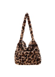 Love Heart Print Bags for Women 2021 Soft Plush Shoulder Bags Female Leopard Pattern Handbag Winter Warm Fluffy Bucket Bags