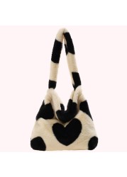 Love Heart Print Bags for Women 2021 Soft Plush Shoulder Bags Female Leopard Pattern Handbag Winter Warm Fluffy Bucket Bags