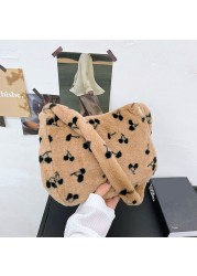 Fashion Women Plush Soft Shoulder Bag Cherry Print Underarm Bag for Women 2021 New Autumn Winter Handbags and Purses