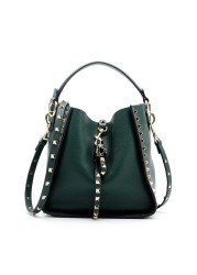 Genuine leather rivet bucket bag, purses and handbags luxury designer studded cowhide ladies shoulder bag with crossbody strap