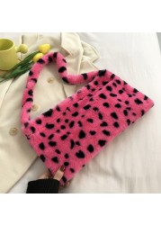 2022 cute plush female shoulder bags printed leopard crossbody bags high capacity girl pocket winter warm fluffy handbags