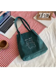 Women Corduroy Shoulder Bag Female Canvas Cloth Bucket Bag Girls Cartoon Bear Print Handbag 2021 Reusable Eco Grocery Travel Bag