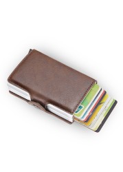 DIENQI- Genuine Leather Anti-Rfid Card Holder for Men Simple Male Wallet Aluminum Metal Card Holder