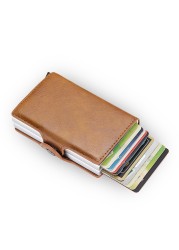 DIENQI- Genuine Leather Anti-Rfid Card Holder for Men Simple Male Wallet Aluminum Metal Card Holder