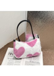 2021 Winter Love Heart Print Underarm Handbags Women Soft Plush Leopard Zebra Small Shoulder Bags Female Warm Fluffy Tote Bags