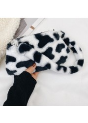 Fashion Women Cow Print Small Shoulder Bags Female Winter Plush Underarm Bags Leopard Zebra Pattern Fluffy Tote Bags Small Purses