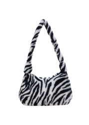 Fashion Women Cow Print Small Shoulder Bags Female Winter Plush Underarm Bags Leopard Zebra Pattern Fluffy Tote Bags Small Purses