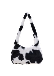 Fashion Women Cow Print Small Shoulder Bags Female Winter Plush Underarm Bags Leopard Zebra Pattern Fluffy Tote Bags Small Purses