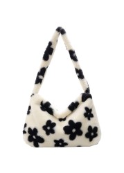 Fashion Women Cow Print Small Shoulder Bags Female Winter Plush Underarm Bags Leopard Zebra Pattern Fluffy Tote Bags Small Purses