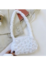 INS Women Star Print Small Shoulder Bags Female Winter Soft Plush Quilted Underarm Bags Love Heart Fluffy Tote Bags Phone Purses