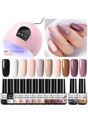 LILYCUTE 10pcs Gel Nail Polish Set With UV Lamp Nude Gel Semi Permanent Hybrid Varnish Base Top Coat Soak Off UV LED Nail Art