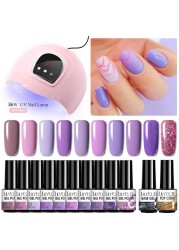 LILYCUTE 10pcs Gel Nail Polish Set With UV Lamp Nude Gel Semi Permanent Hybrid Varnish Base Top Coat Soak Off UV LED Nail Art