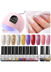 LILYCUTE 10pcs Gel Nail Polish Set With UV Lamp Nude Gel Semi Permanent Hybrid Varnish Base Top Coat Soak Off UV LED Nail Art