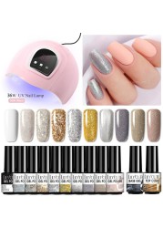 LILYCUTE 10pcs Gel Nail Polish Set With UV Lamp Nude Gel Semi Permanent Hybrid Varnish Base Top Coat Soak Off UV LED Nail Art