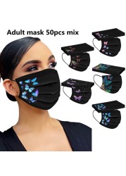 50pcs Disposable Face Mask Adult Women Printed Face Mask Adult Breathable Ear Loop Mask Non-woven Black 3Ply Mascarillas