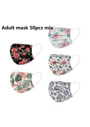 50pcs Disposable Face Mask Adult Women Printed Face Mask Adult Breathable Ear Loop Mask Non-woven Black 3Ply Mascarillas