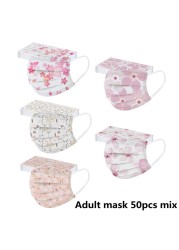 50pcs Disposable Face Mask Adult Women Printed Face Mask Adult Breathable Ear Loop Mask Non-woven Black 3Ply Mascarillas