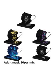 50pcs Disposable Face Mask Adult Women Printed Face Mask Adult Breathable Ear Loop Mask Non-woven Black 3Ply Mascarillas