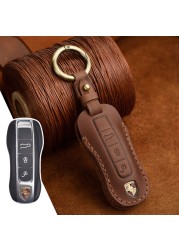 Leather Key Cover Case Car Accessories Fob Protector For Porsche Cayenne Pamela Macan 718 Panamera Keychains Holder Bag Keyring