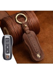 Leather Key Cover Case Car Accessories Fob Protector For Porsche Cayenne Pamela Macan 718 Panamera Keychains Holder Bag Keyring