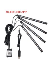 Car LED Strip Lights 36/48/72 RGB Led Foot Atmosphere Lamp 12V Auto Interior Decor Light With USB Bluetooth APP Controller